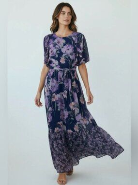 Shelby & Palmer Chiffon Cottagecore Floral Maxi Dress 16 Purple Navy Flutter